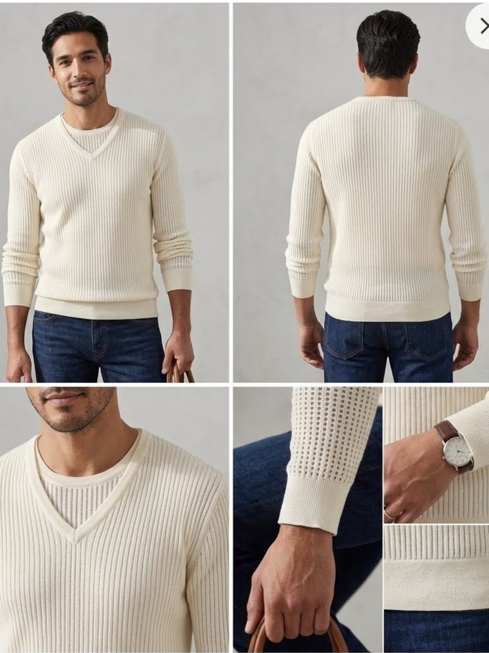 Armani Exchange Cream Open Knit Layered V-Neck Crew Sweater Men's Large A|X